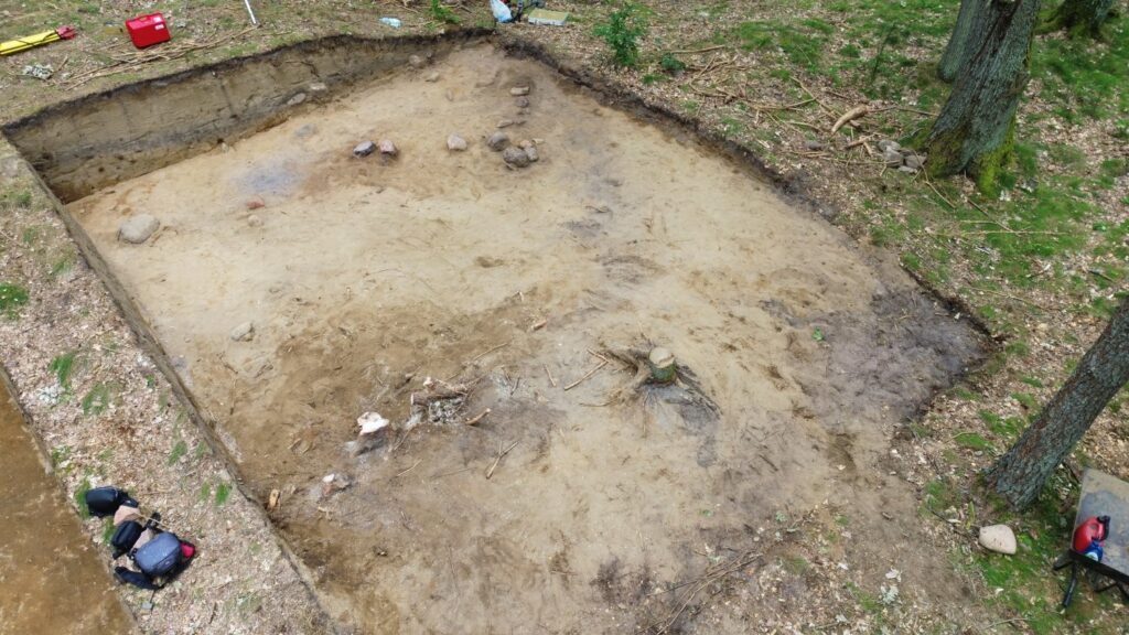 Oczyszczona powierzchnia wykopu archeologicznego z widocznymi śladami dawnych obiektów (kliknięcie powiększy zdjęcie).