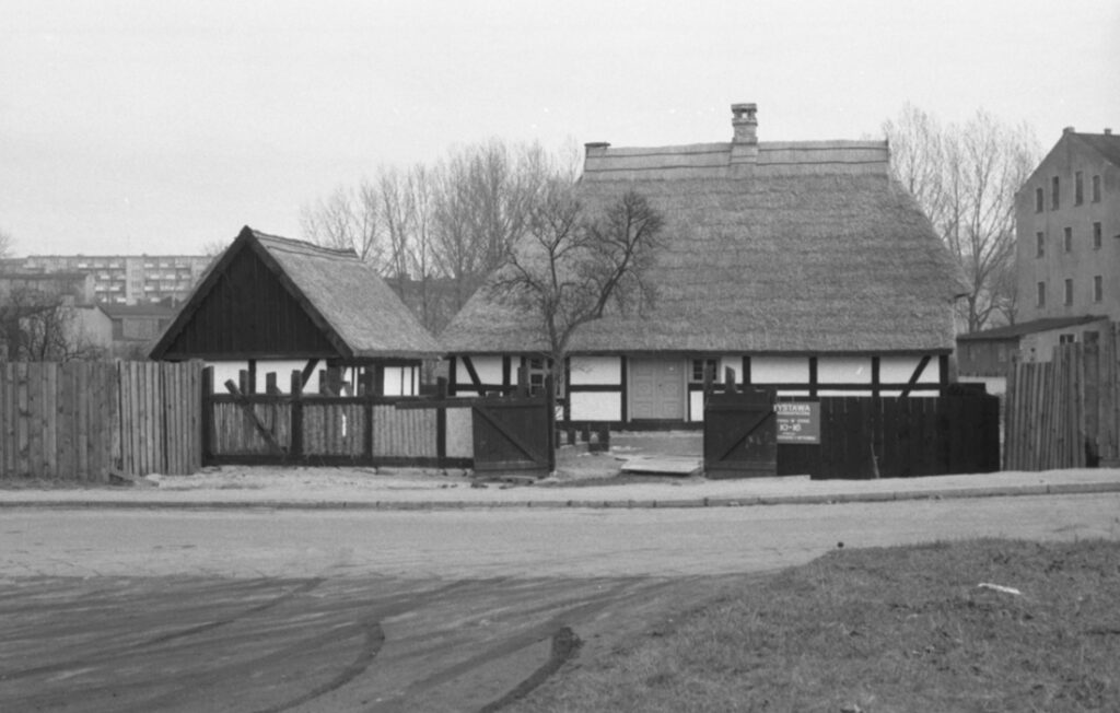 Zespół zabudowań skansenu widziany od strony drogi, domy o tradycyjnej konstrukcji, w tle zabudowania muzeum (kliknięcie powiększy zdjęcie)