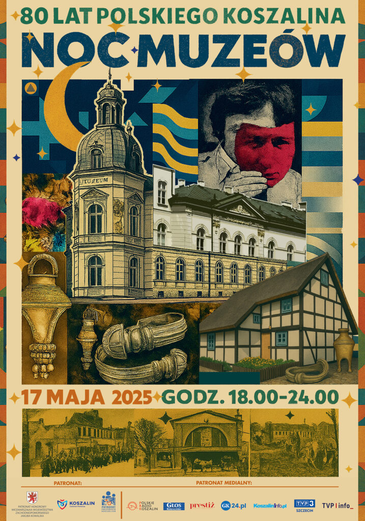 Plakat zapowiadający Noc Muzeów 2025 w Koszalinie z grafiką budynku Muzeum i Zagrody Jamneńskiej.