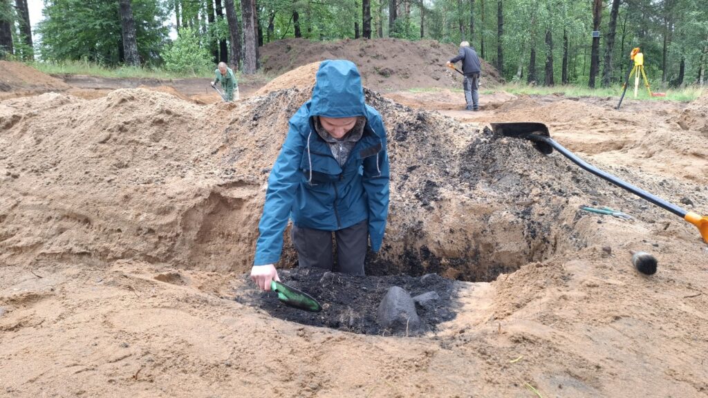 Jedna osoba pracuje przy fragmencie wykopaliska archeologicznego. W tle las oraz inni pracownicy (kliknięcie spowoduje powiększenie zdjęcia).