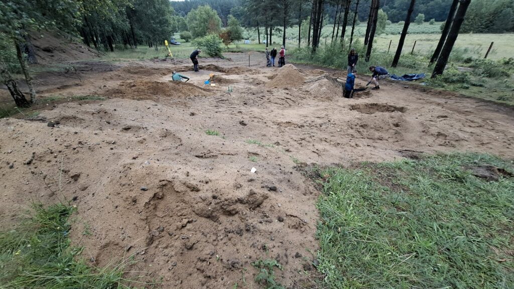 Widok na pracujących w wykopie ludzi. W tle las (kliknięcie spowoduje powiększenie zdjęcia).