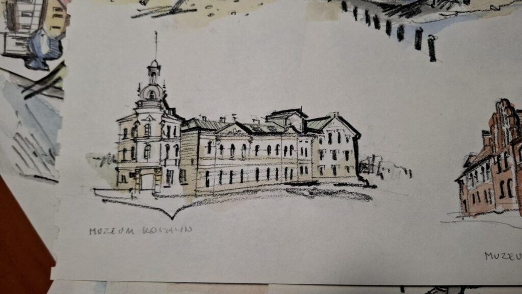 Szkic rysunku budynku Muzeum w Koszalinie do mapy "Wędrownik koszaliński" (kliknięcie spowoduje powiększenie zdjęcia).
