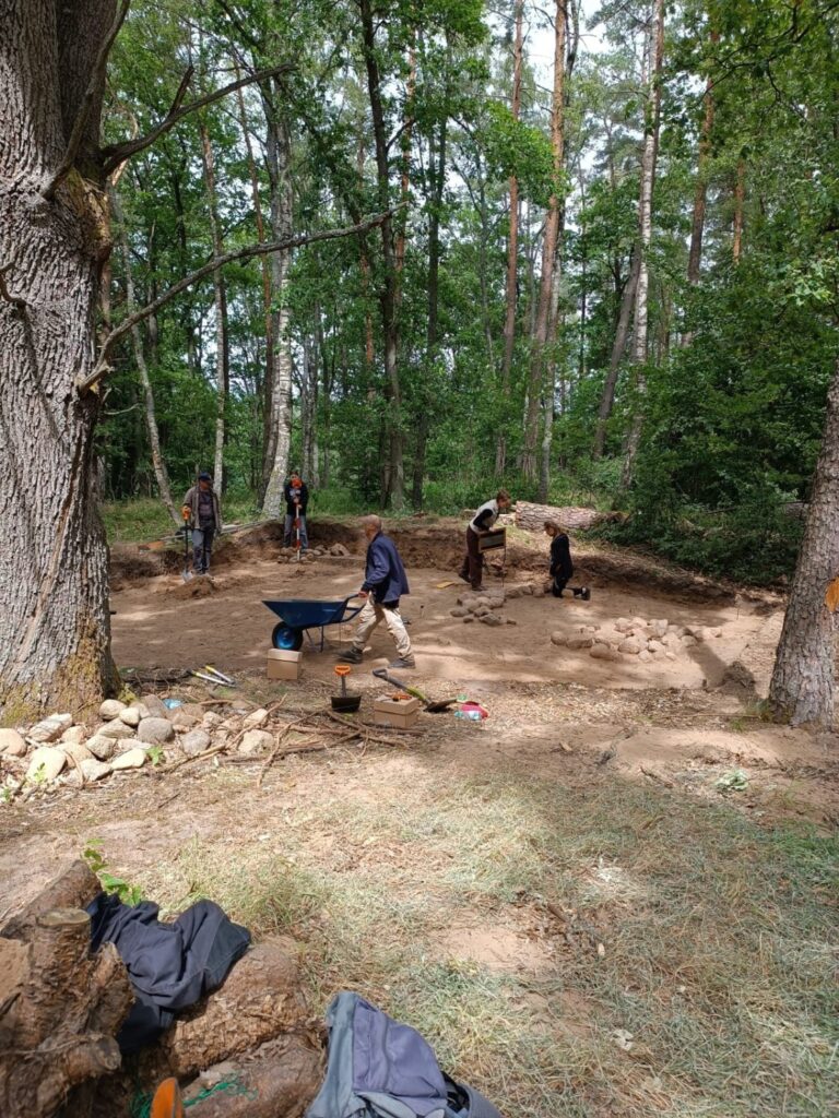 Wolontariusze pracują w lesie, na wykopaliskach archeologicznych. Widok na wykop archeologiczny (kliknięcie spowoduje powiększenie zdjęcia).