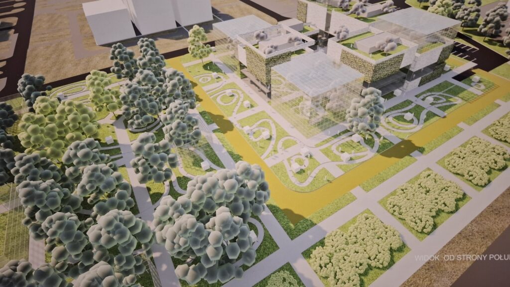 Plansza z wizualizacją: wizualizacja zagospodarowania terenu z zespołem budynków, alejkami, geometrycznymi rabatami i licznymi drzewami (kliknięcie powiększy zdjęcie).