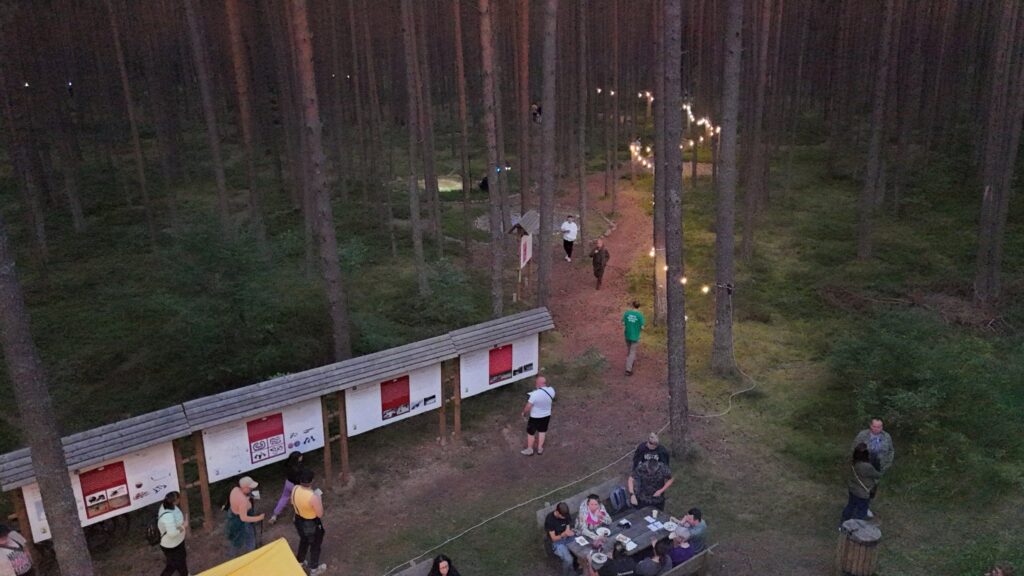 Uczestnicy Nocy Gotów spacerują leśną ścieżką między wysokimi sosnami, oświetloną punktowymi lampkami (kliknięcie powiększy zdjęcie).