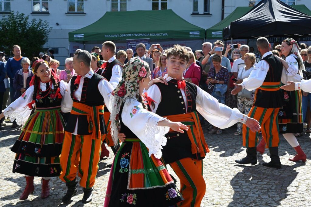 Tancerze w barwnych strojach ludowych podczas występu, wokół inni uczestnicy i widzowie (kliknięcie powiększy zdjęcie).