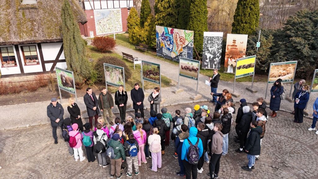 Uczestnicy wydarzenia zgromadzeni wokół wystawy plenerowej prezentującej fotografie przy muzeum, widok z drona (kliknięcie powiększy zdjęcie).
