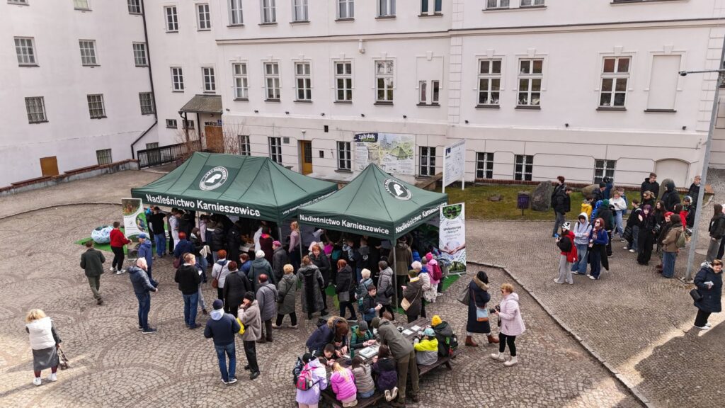 Widok z góry na dziedziniec muzeum z namiotem warsztatowym i grupą uczestników biorących udział w zajęciach (kliknięcie powiększy zdjęcie).