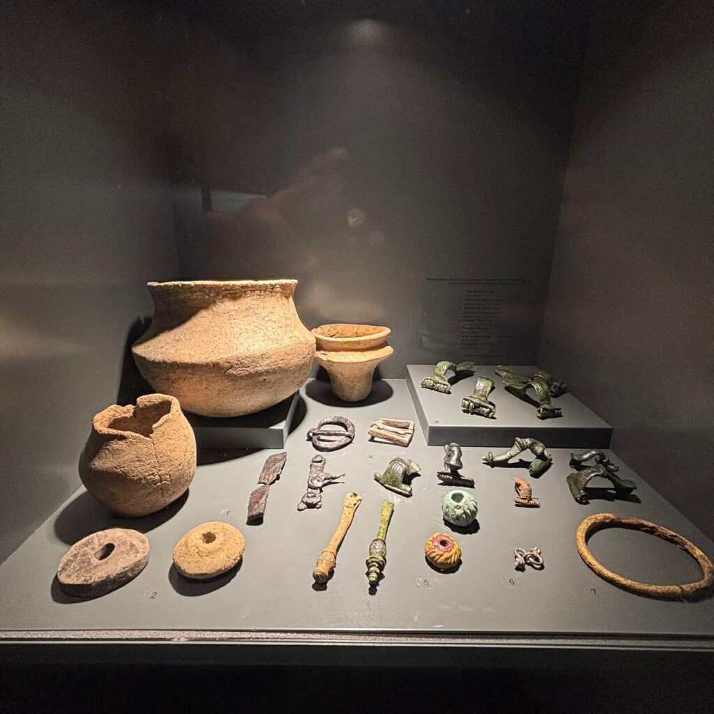 Zestaw naczyń i artefaktów archeologicznych, w tym ozdoby i narzędzia, prezentowany w podświetlanej gablocie muzealnej (kliknięcie powiększy zdjęcie).