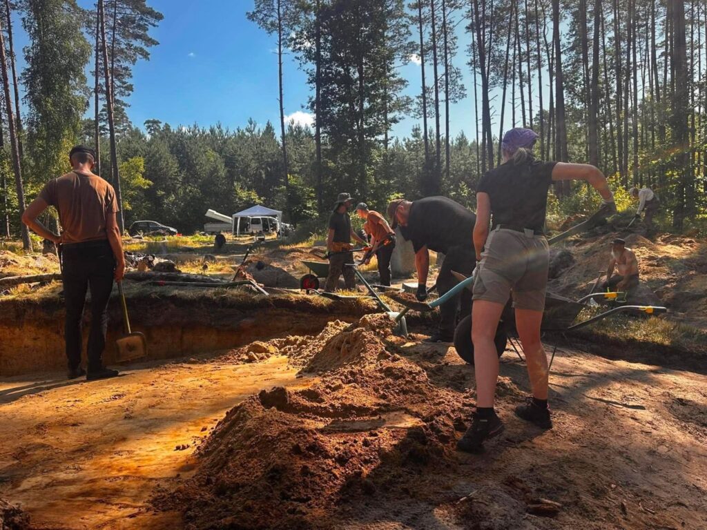 Archeolodzy i wolontariusze prowadzą prace wykopaliskowe na leśnym stanowisku; widoczne są wykopy, hałdy ziemi oraz narzędzia używane podczas badań (kliknięcie powiększy zdjęcie).